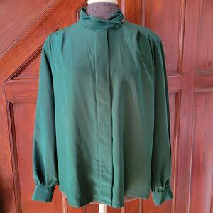 Vintage Pendleton Petite Womens Green Long Sleeve Blouse With High Neck & Button